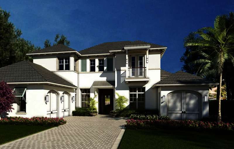 Modern inspired farmhouse with a standing seam roof, metal roof, a garage, stucco siding, and decorative driveway
