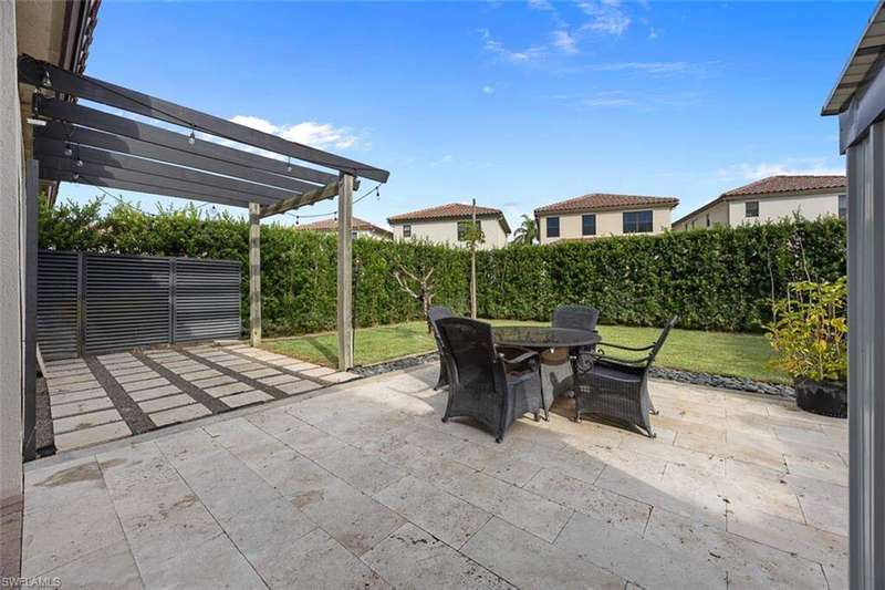 Fenced backyard featuring a pergola and a patio area