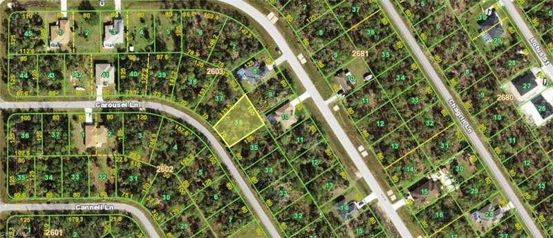 Aerial overview of property's location with property parcel outlined