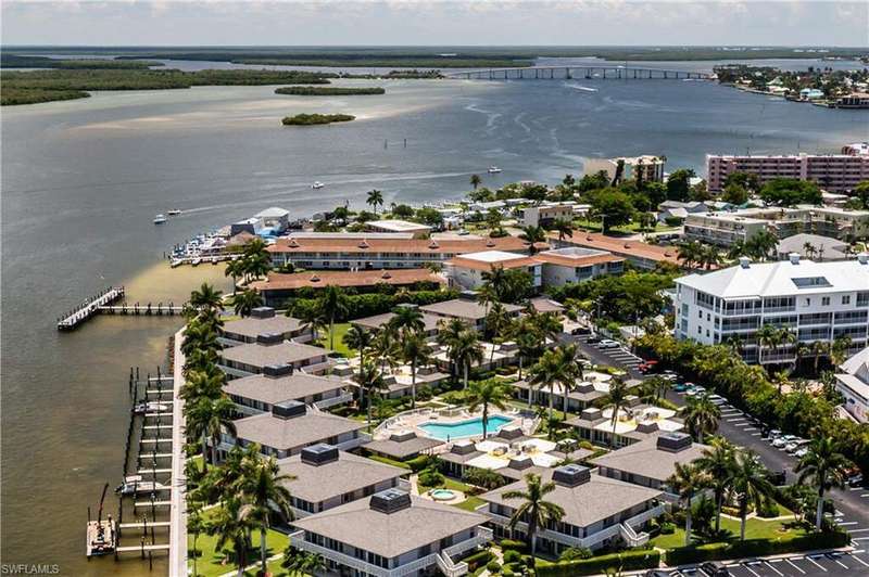 Bird's eye view of a nearby body of water and a notable bridge