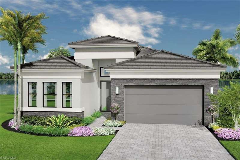 Prairie-style home featuring a garage, stone siding, stucco siding, decorative driveway, and a front yard