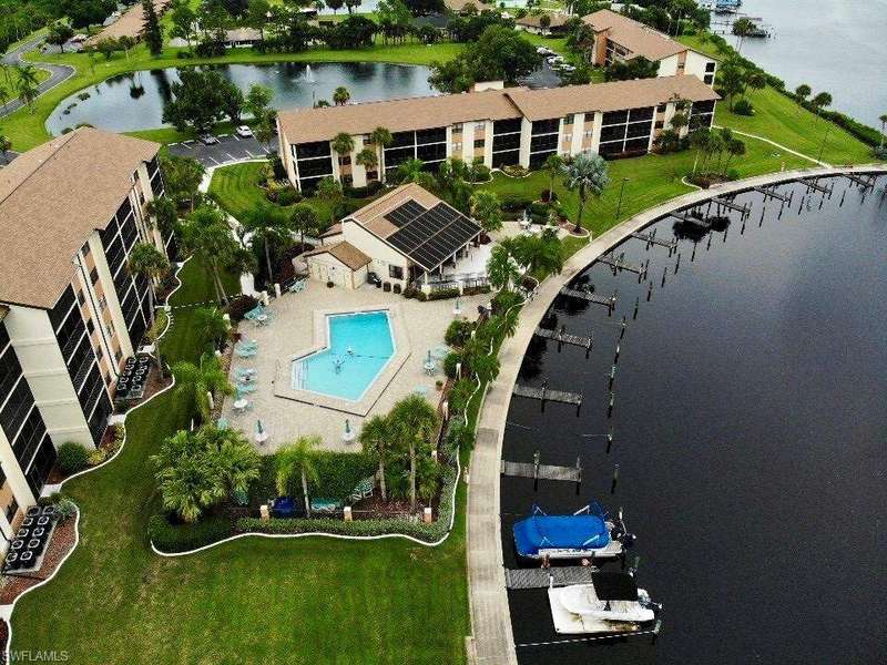 Aerial view of a large body of water and a pool