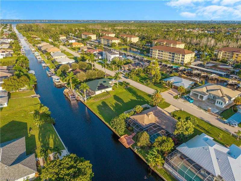 Aerial view of residential area featuring a nearby body of water
