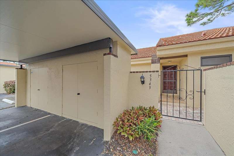 One designated covered parking space with 8' x 4' storage closet.