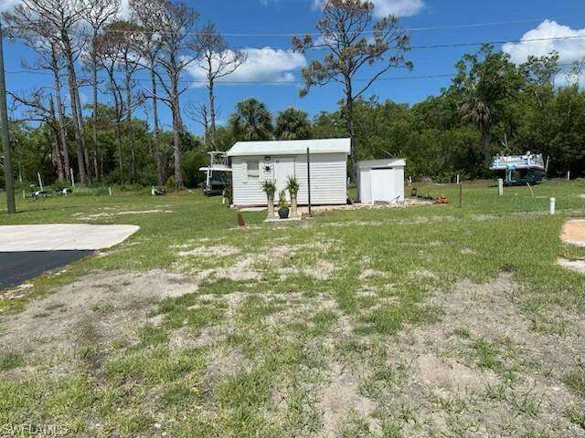 View of green lawn featuring a storage unit